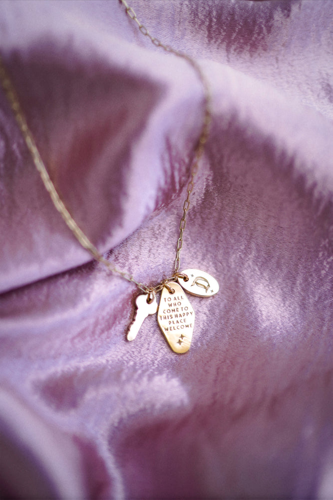 PRE ORDER My Happy Place Motel Keys 24k Gold Necklace w/ 18k Gold Charms